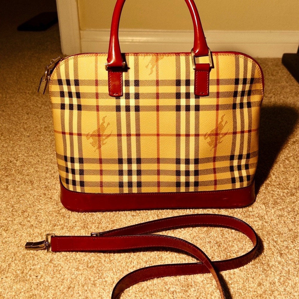 Authentic Burberry Bowling Bag – Red Leather Trim + Classic Check